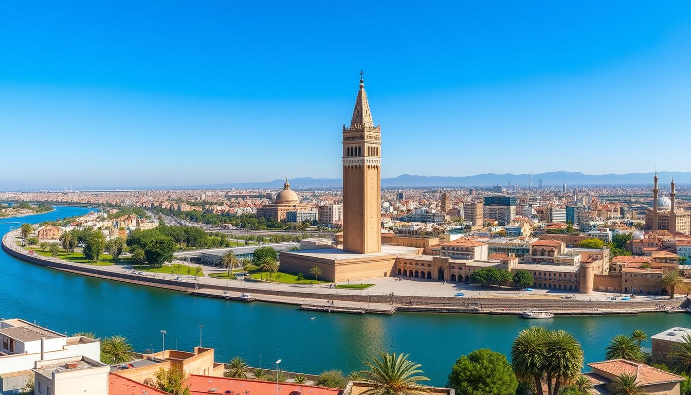 Guide de voyage pour Rabat : La Ville Lumière du Maroc Vue panoramique de Rabat avec la Tour Hassan et le fleuve Bouregreg